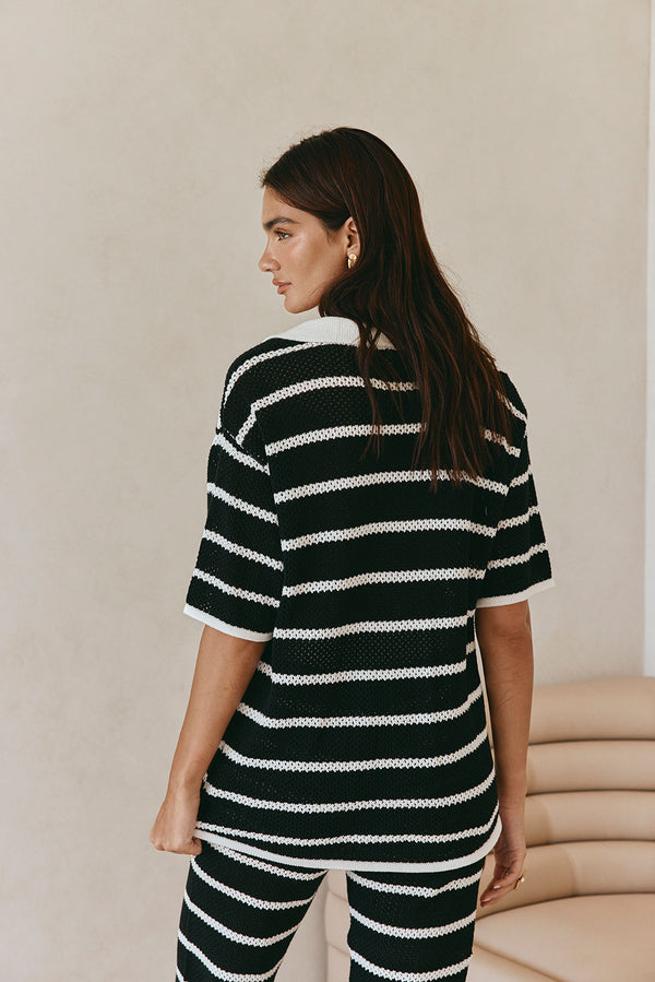 Black And White Stripe Knit Button Up Collar Mia Top