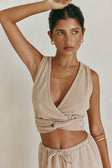 Tan Plunge V Neck Cutout Wrap Crop Sierra Top