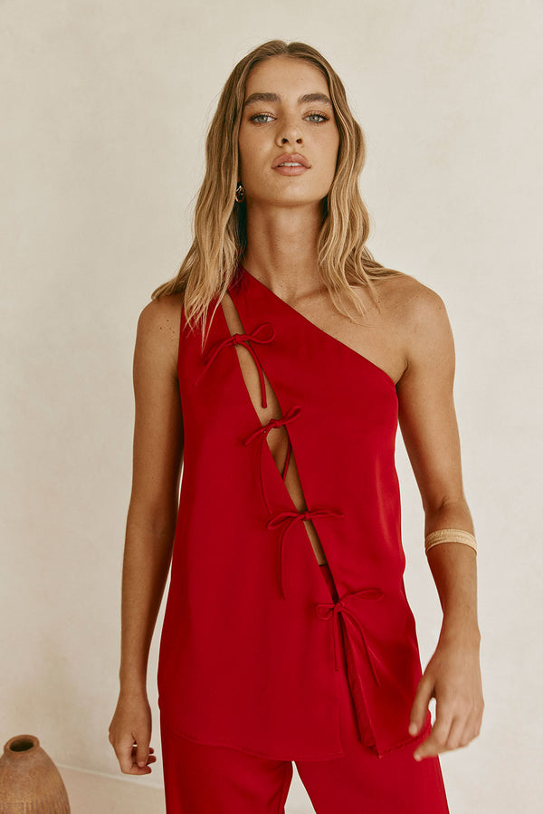 Red Backless One-Shoulder Front Tie Natalie Jumpsuit