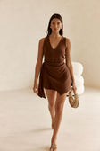 Brown Ribbed V-Neck Wrap Mini Oliana Dress