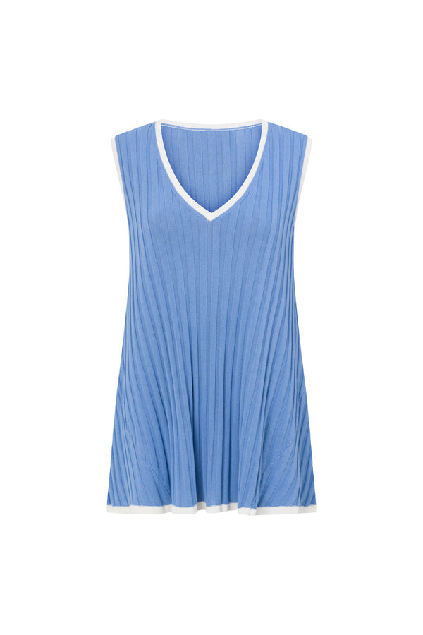 White and Blue Ribbed V Neck Silla Top