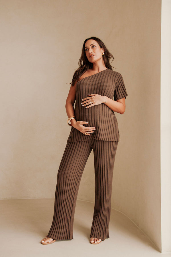 Brown Knit One Shoulder Short Sleeve Neena Top