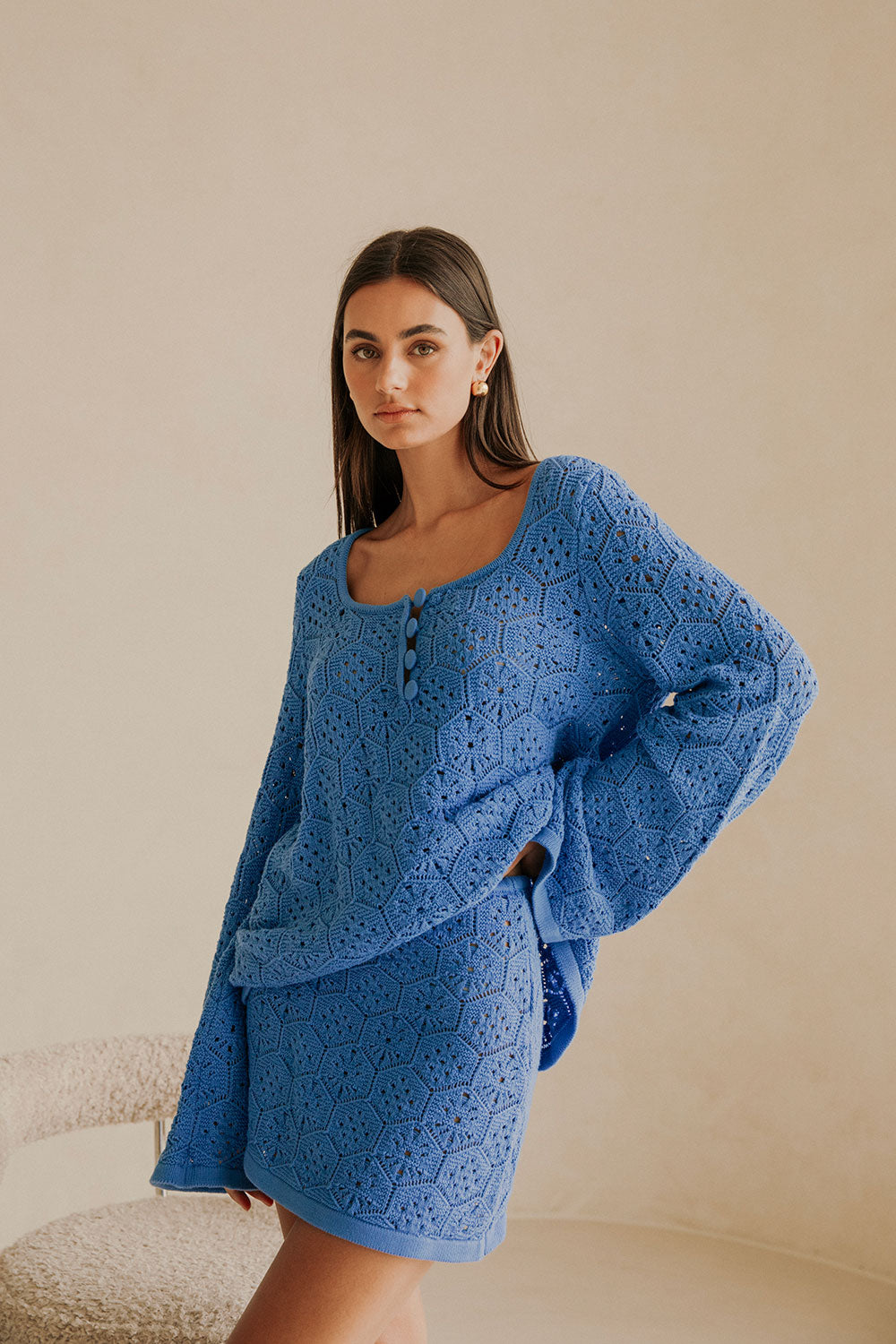 Blue Cotton Knit High Waist Mini Alivia Skirt