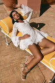 Simona Long Sleeve Embroidered Front Tie Mini Dress - Stella Marina Print - White