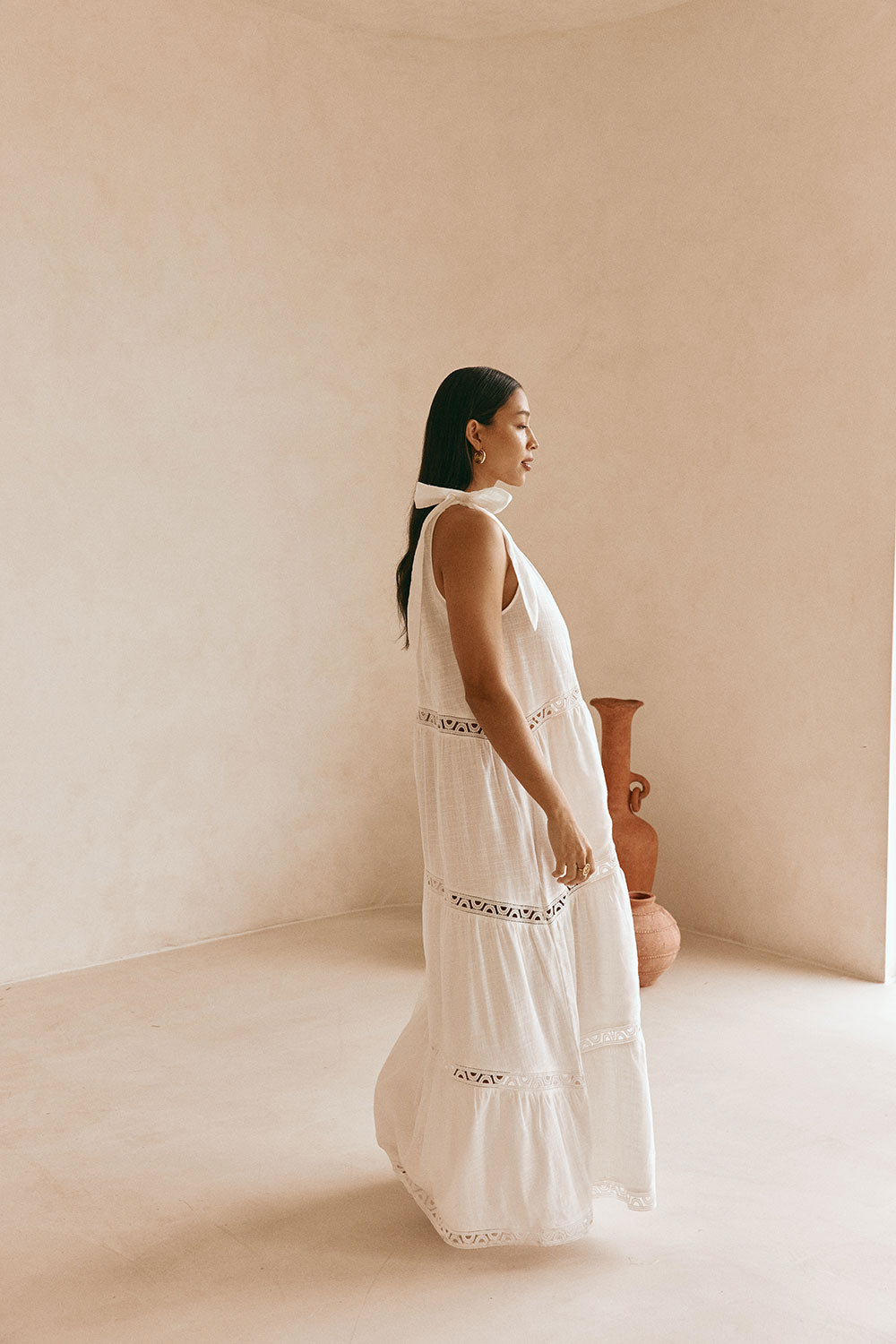 White Cotton One Shoulder Flouncy Maxi Juliette Dress