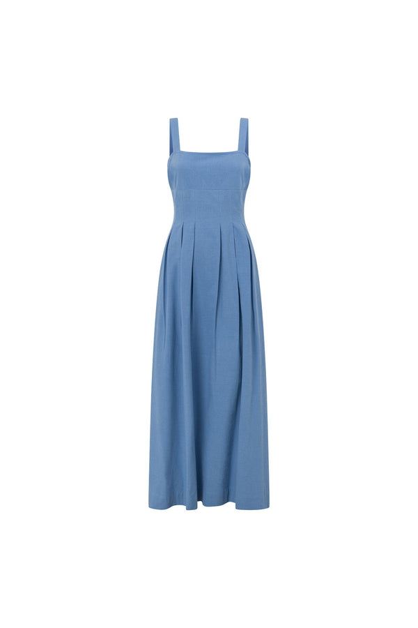 Blue Pleated Full Maxi Flore Dress