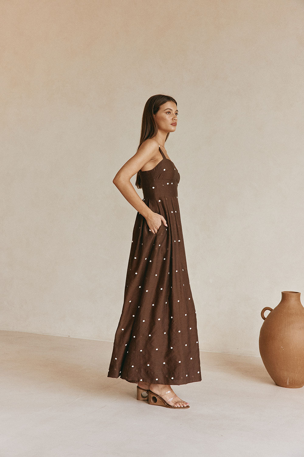 Chocolate Speck Polka Dot Pin Tuck Maxi Flores Dress