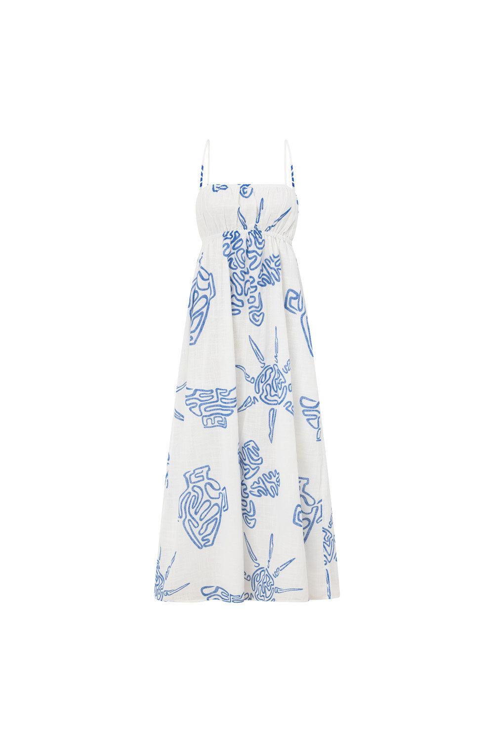 Catie Thin Strap Tropical Backless Maxi Dress - White, Blue Evoke Print