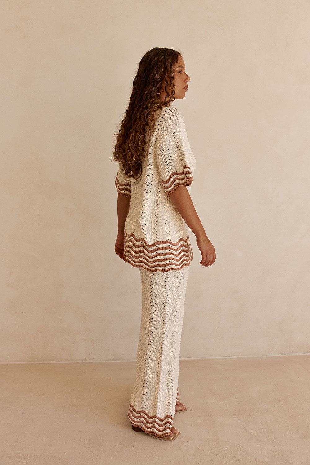 Cream Wavy Cotton Knit Button Up Janaya Top