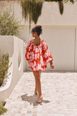 Veronica Flounce Long Sleeve Mini Dress - Pink White Daisy Red Print