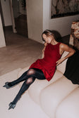 Burgundy Red Flared Mini Camellia Dress