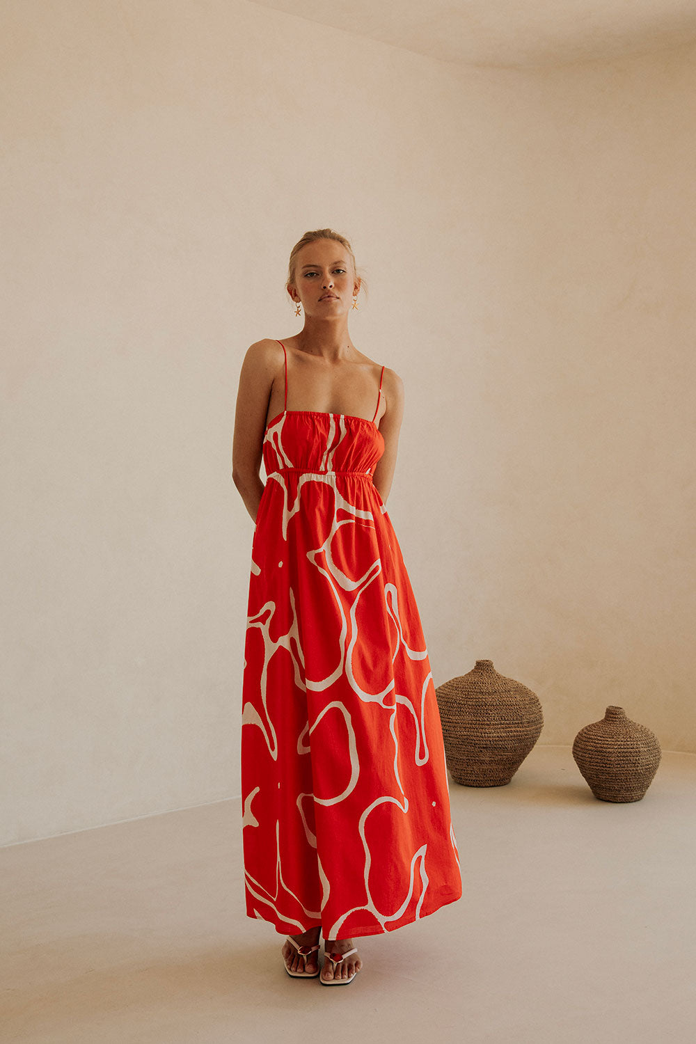 Catie Thin Strap Backless Maxi Dress - Evoke Red, White