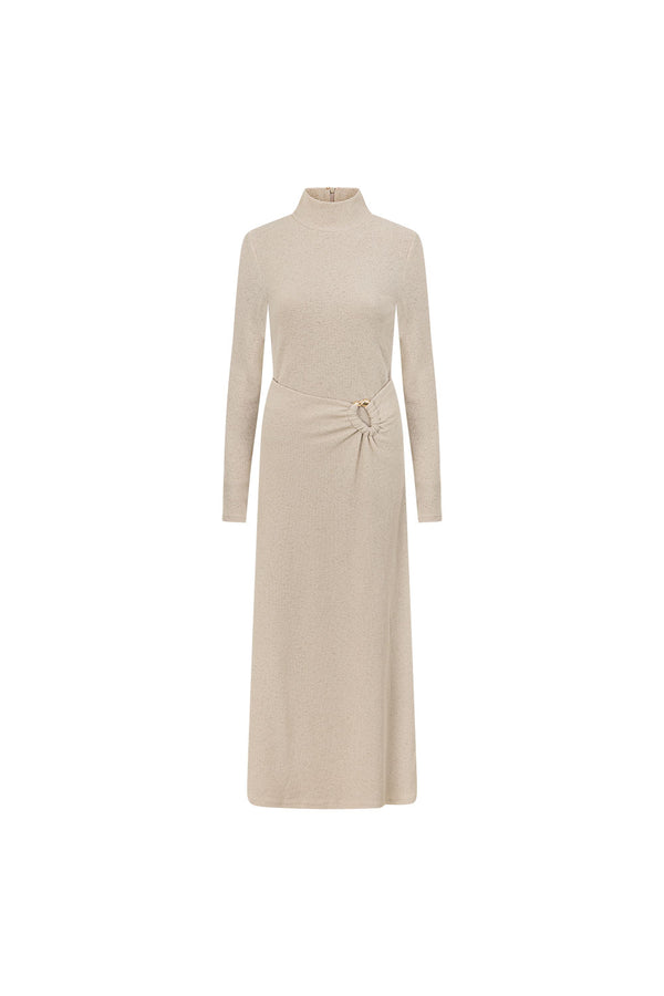 Beige High Neck Long Sleeve Fitted Maxi Simone Dress