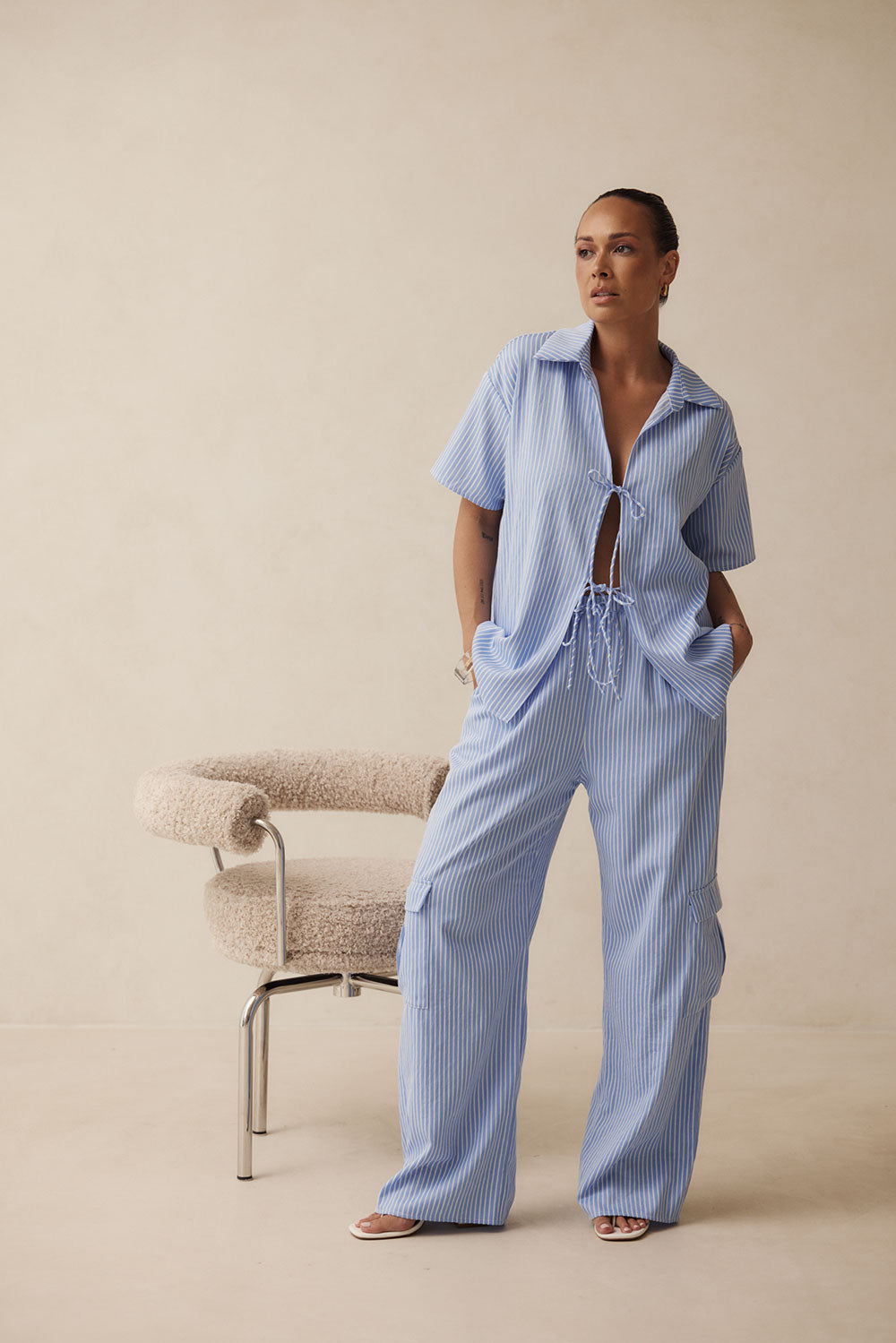 Blue High Waist Drawstring Pocket Brielle Pants