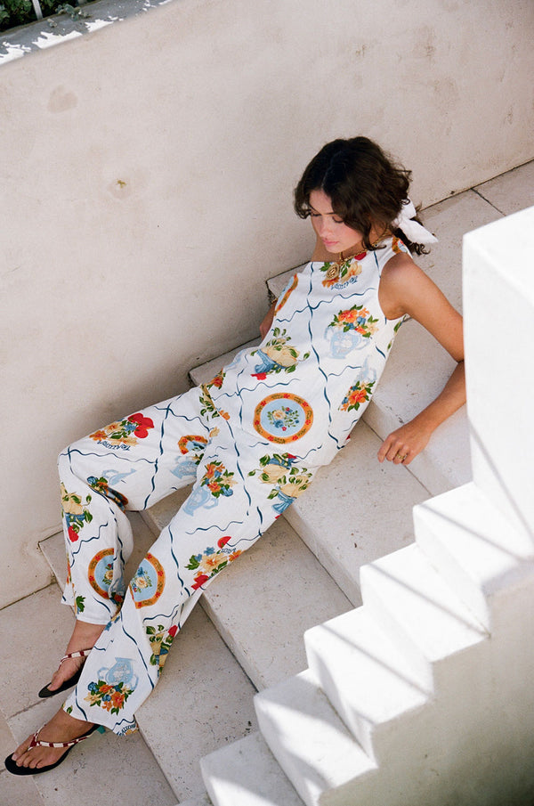 White Trattoria Print One Shoulder Tie Giuliana Top