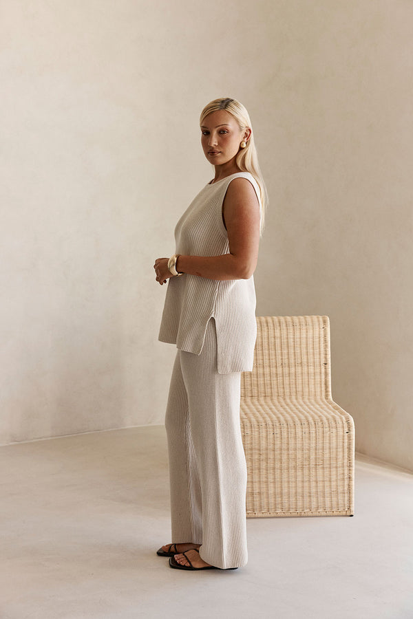 Beige Cotton Knit Round Neck Maxine Tank Top