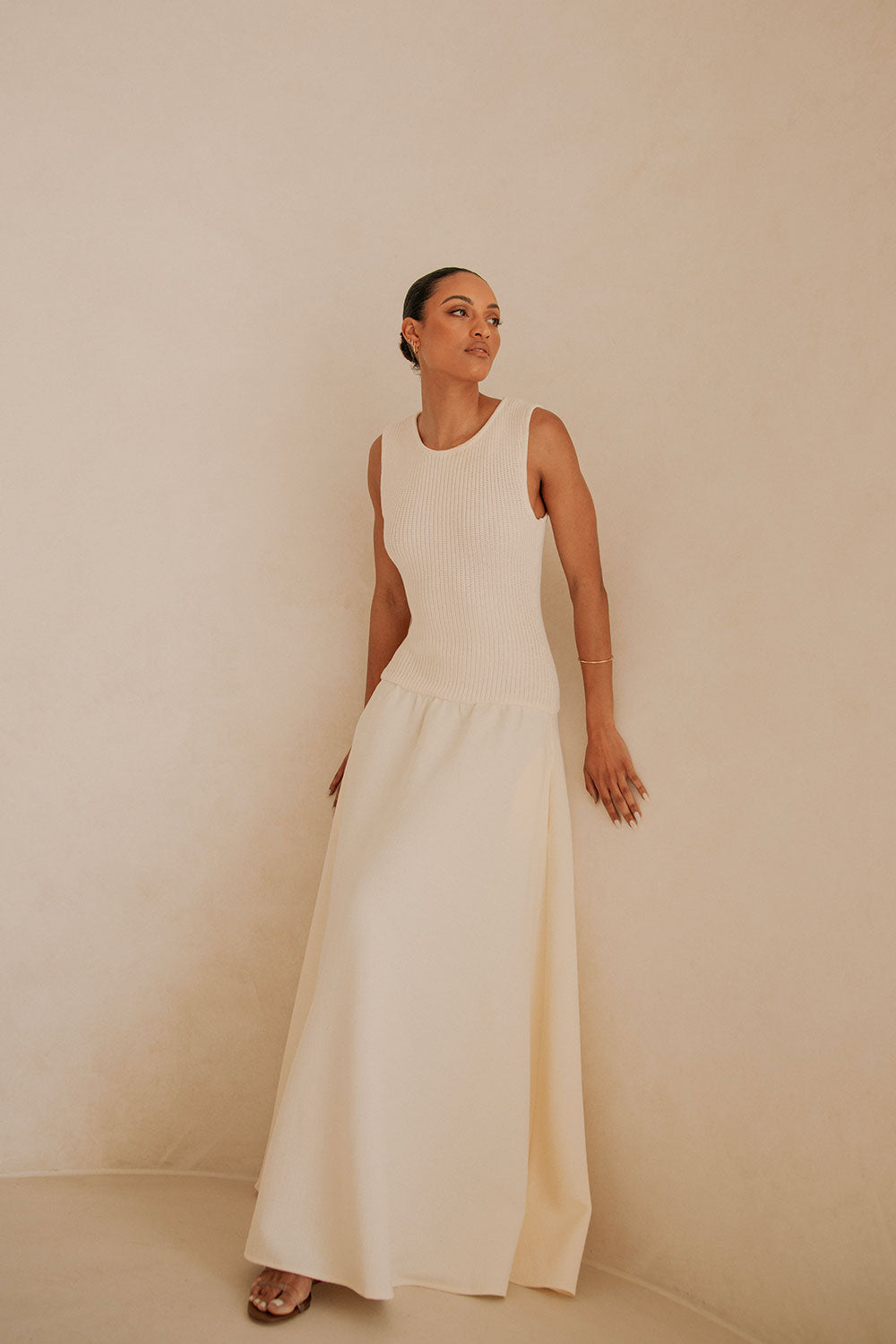 Cream Ribbed Round Neck Flowy Maxi Bryce Dress