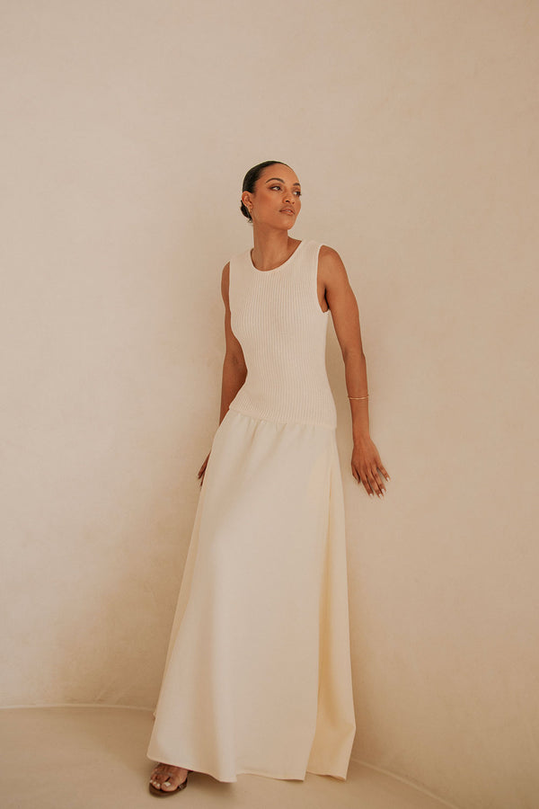 Cream Ribbed Round Neck Flowy Maxi Bryce Dress
