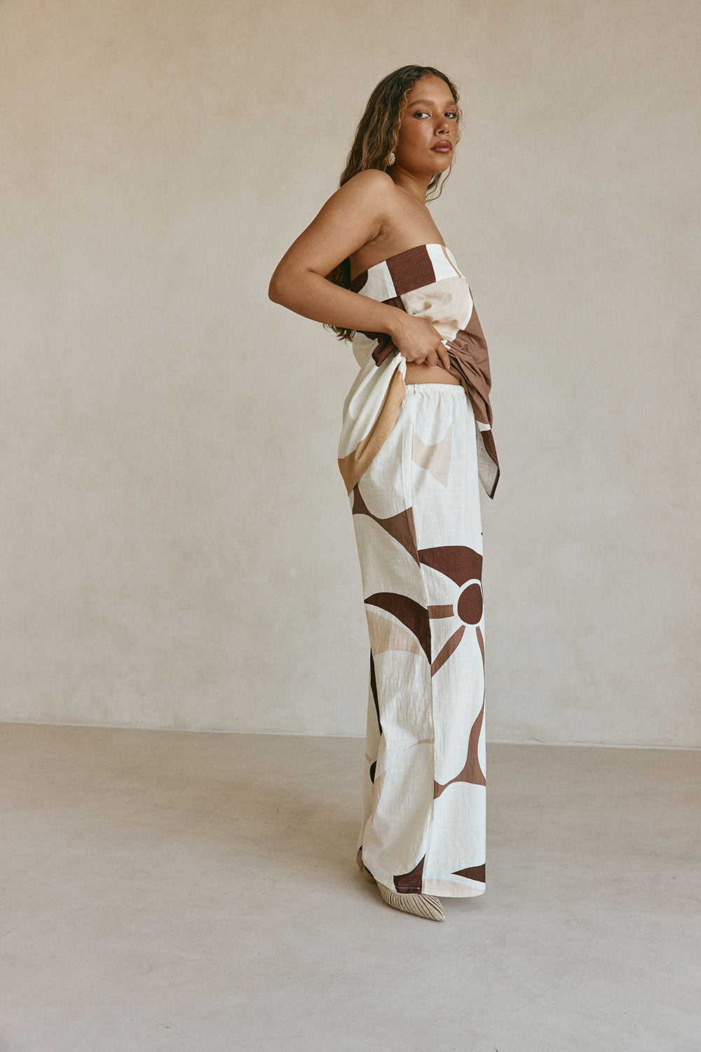 Brown Sable Floral Print Drawstring Monroe Pants
