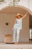 Astea V Neckline Knit Top - Grey, Green, Blue, White Stripe