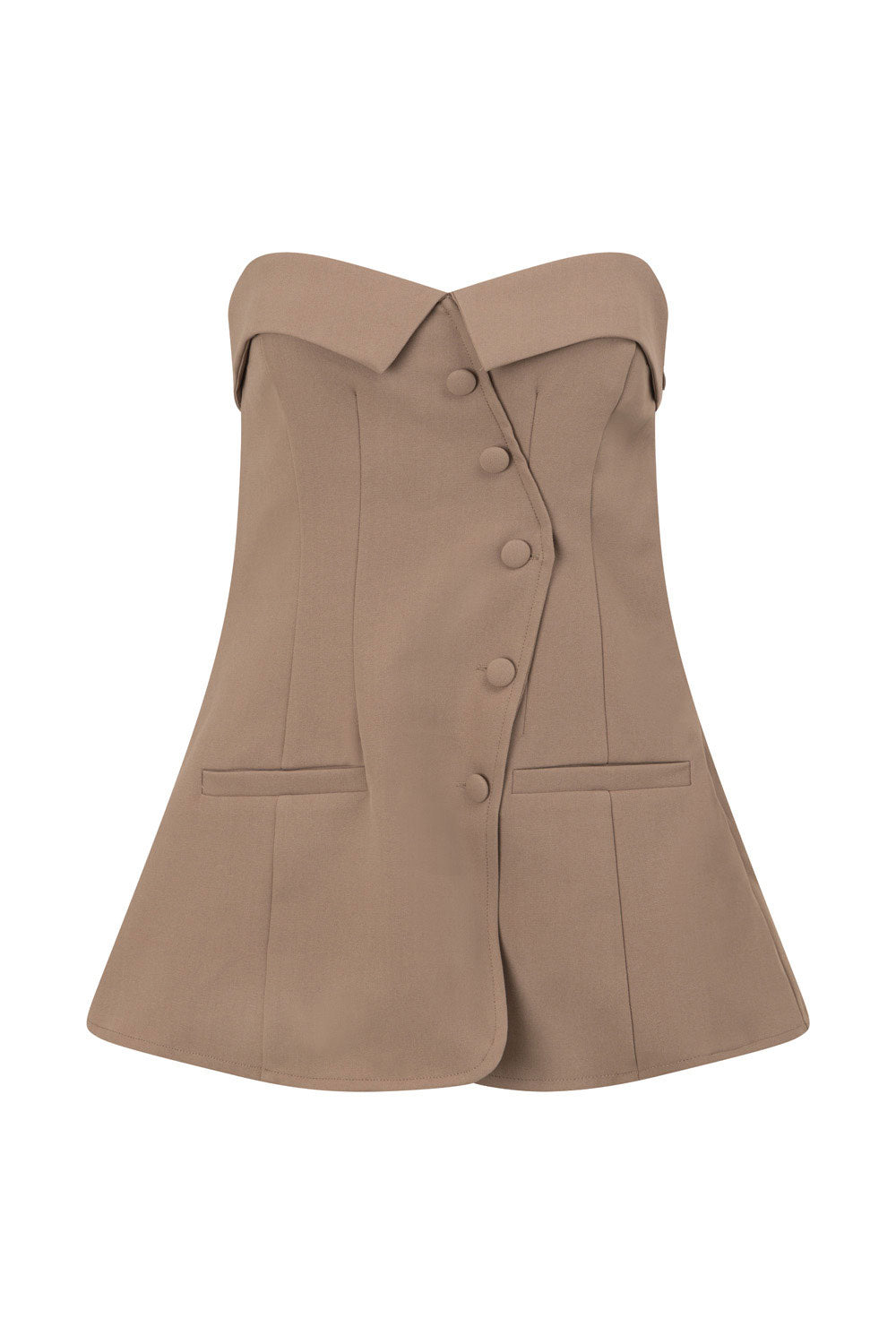 Brown Tailored Strapless Button Up Wrap Lavara Top