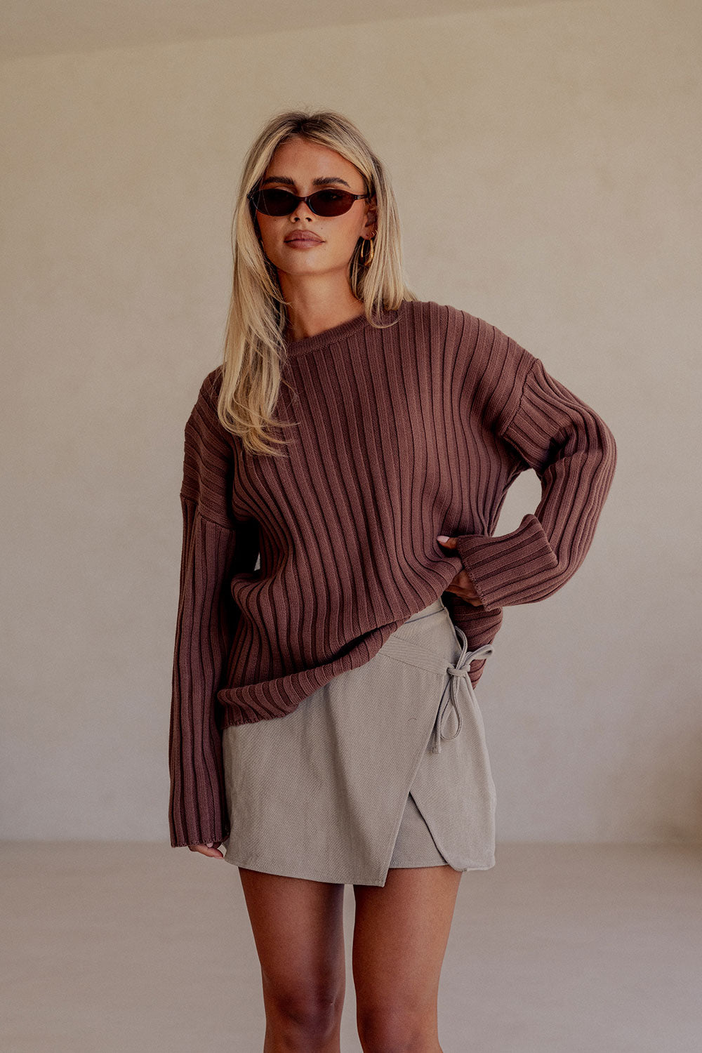 Chocolate Brown Ribbed Knit Jali Top