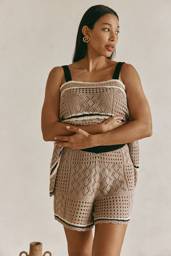 Brown Crochet Knit High Waist Elexa Shorts