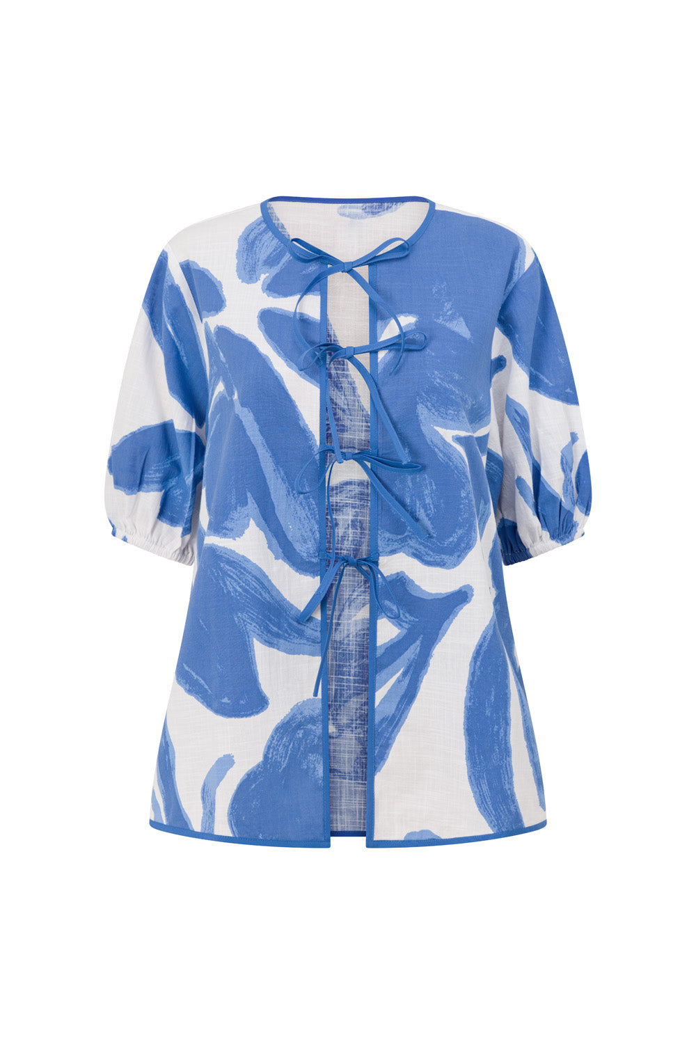 Blue Ada Flora Print Tie Puff Sleeve Pax Top