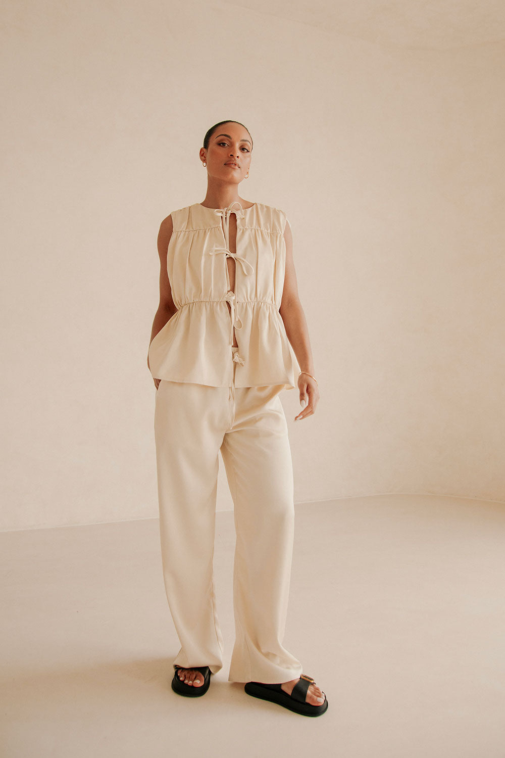 Beige Elastic Drawstring Pocket Juliette Pants
