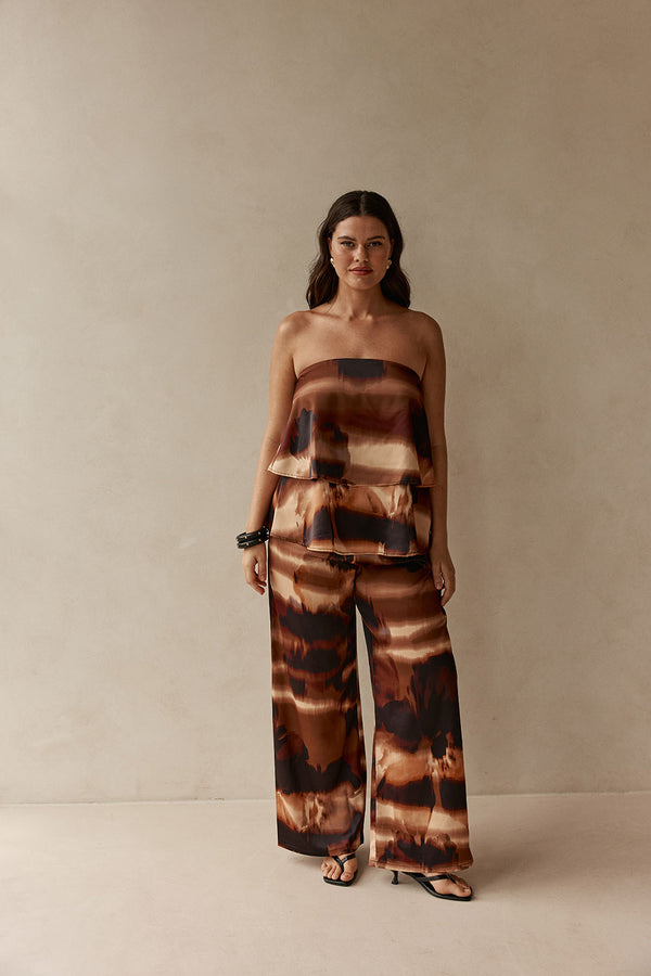Brown Mirage Bloom Print Satin Strapless Fabi Top