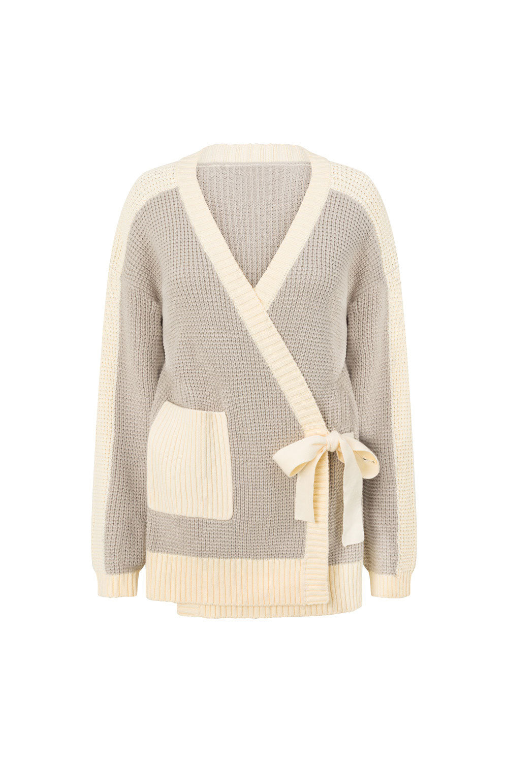 Grey and White Knit V Neck Wrap Chester Sweater