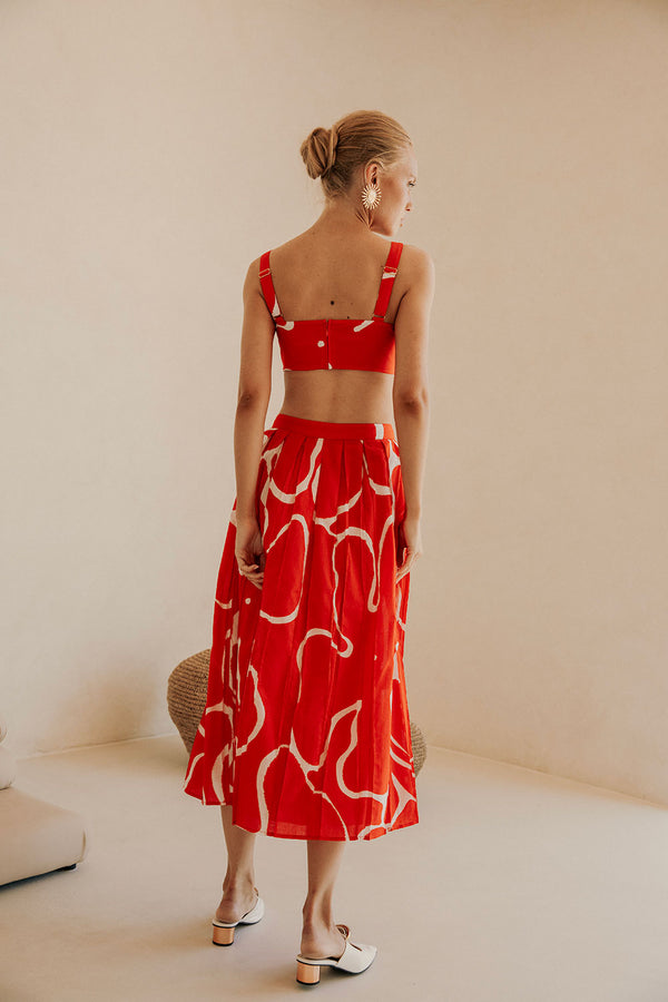 Evoke Red Wrap Pleated Split Midi Dien Wrap Skirt