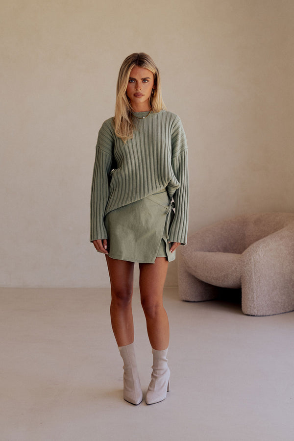 Green Ribbed Knit Sweater Jali Top