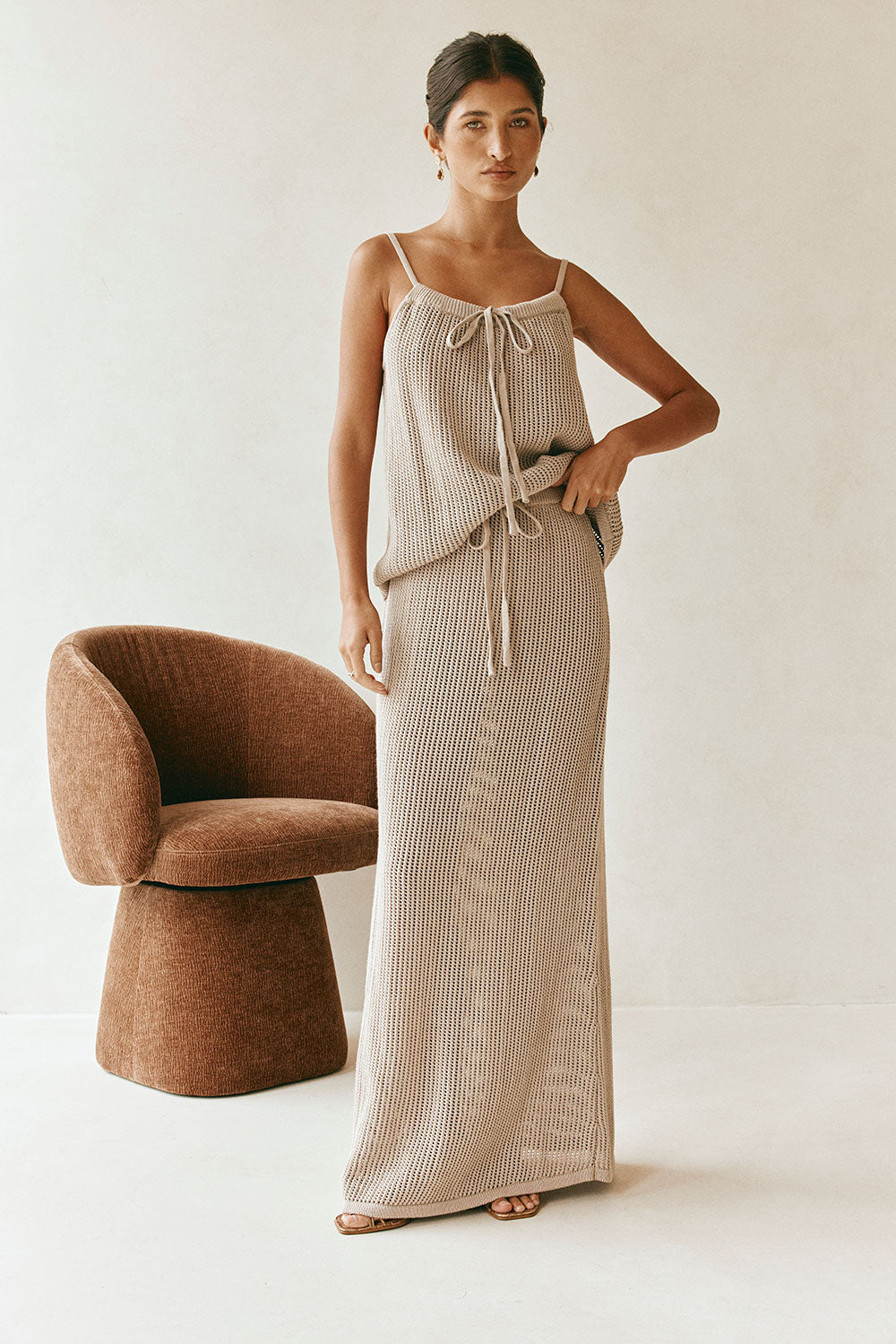 Taupe Knit Drawstring Maxi Havana Skirt