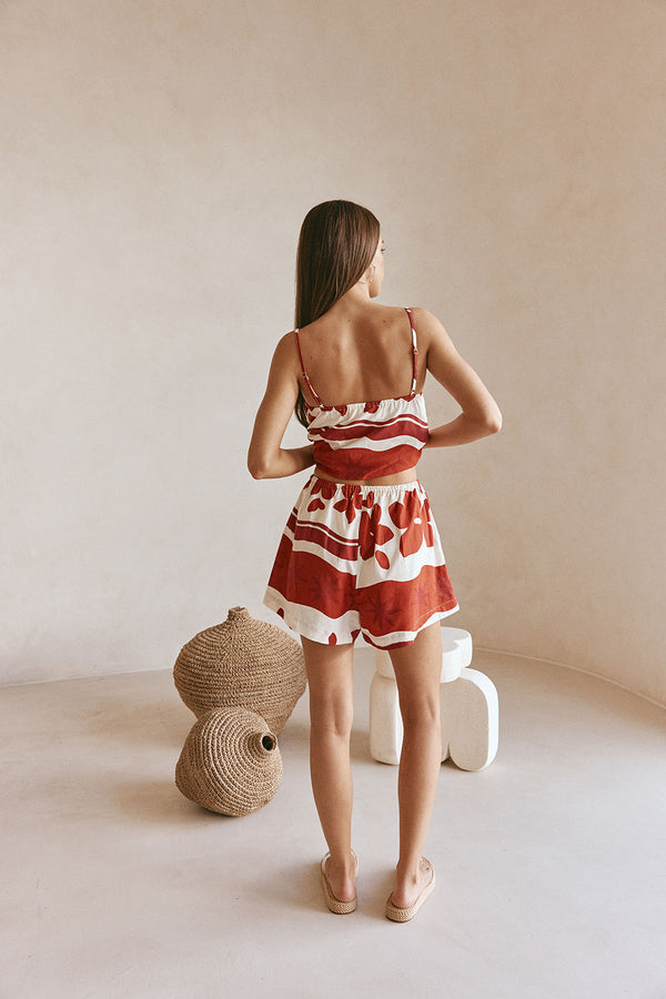 Red Sienna Sunset Print Elastic Drawstring Zuma Shorts