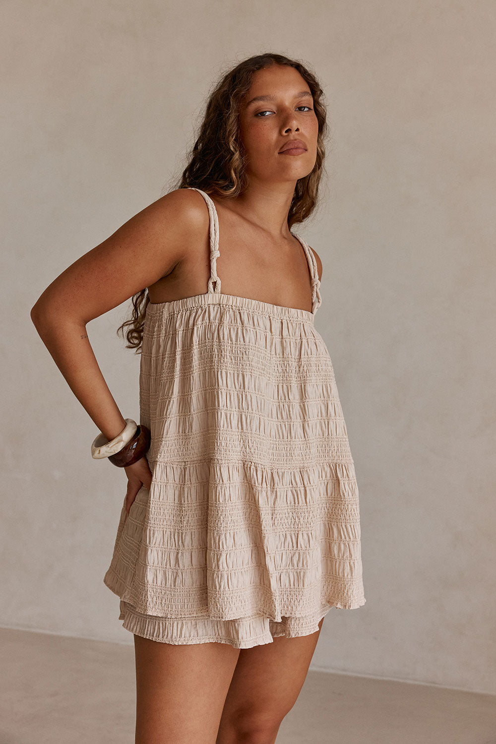 Beige Ruched Strappy Amina Top