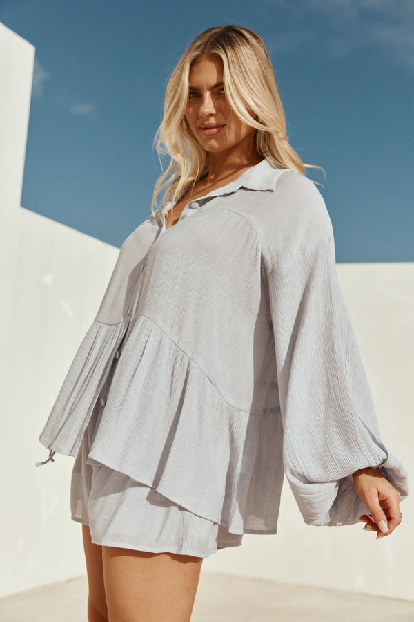 Baby Blue Long Sleeve Button Up Panel Huxley Top