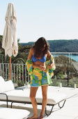Cascade Button Up Short Sleeve Top - Green, Blue & Orange Morning Yellow Print