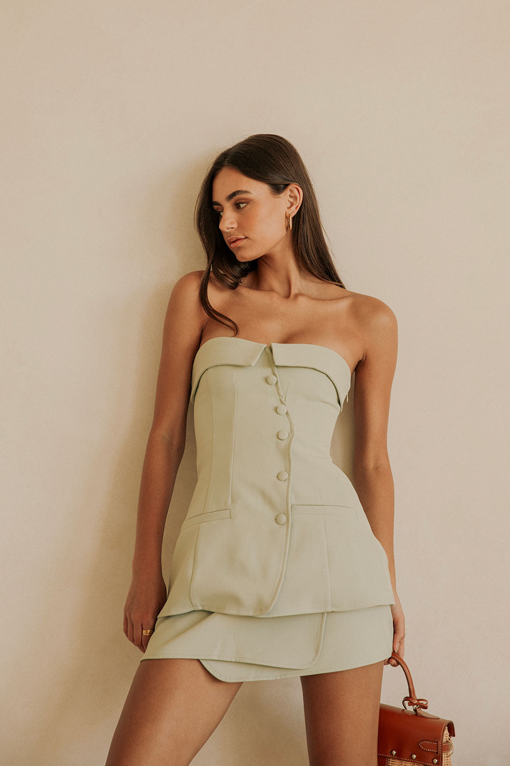 Mint Tailored Strapless Button Up Wrap Lavara Top