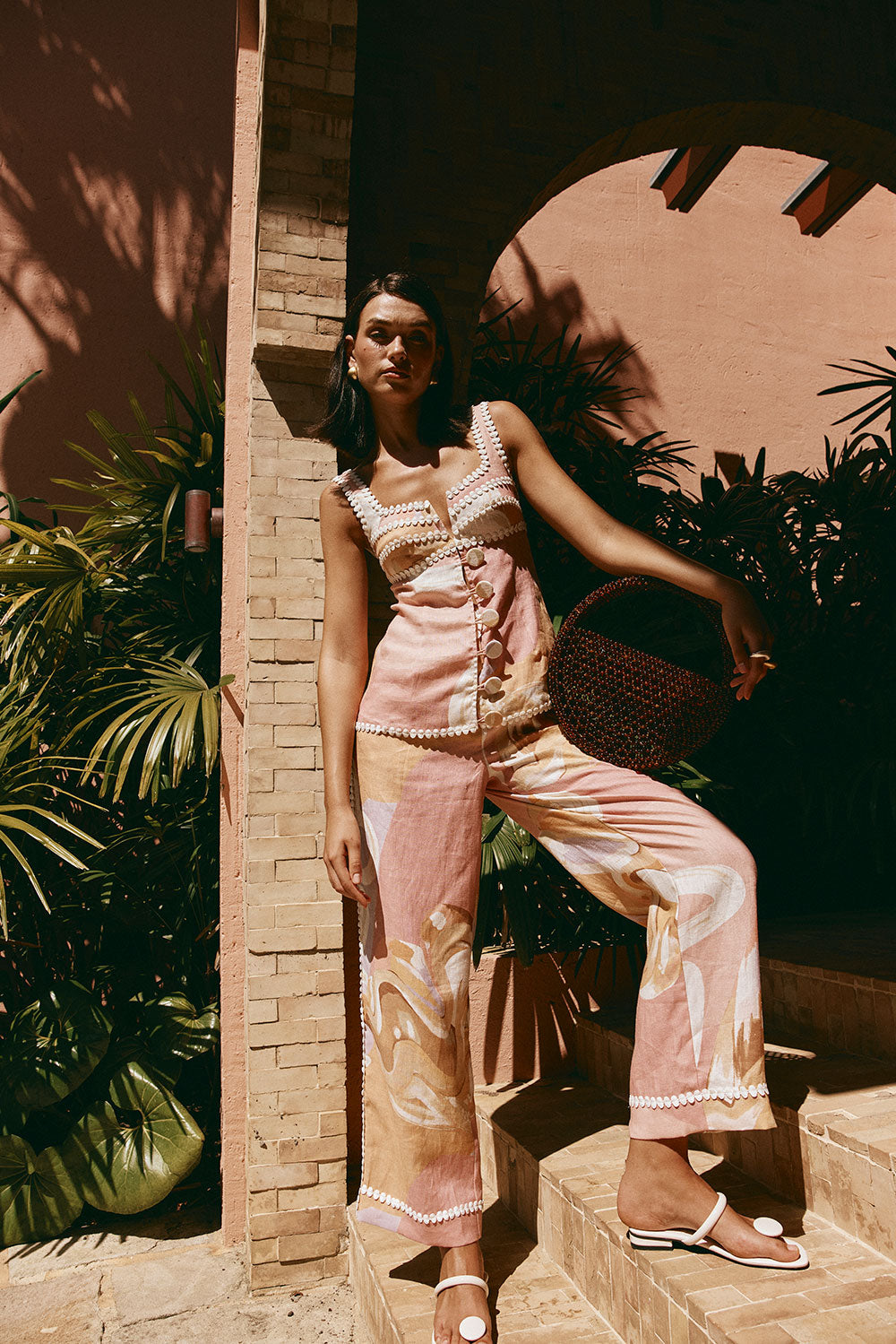 Pink Tramonto Print Lace Pocket Ragazza Pants