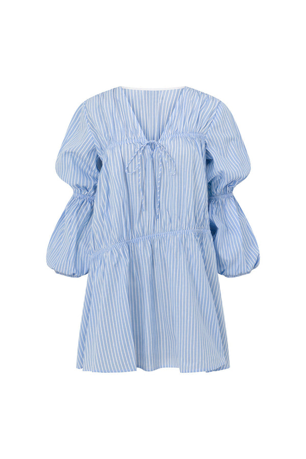 Naloo Long Sleeve Tie Mini Dress - Blue, White Stripe