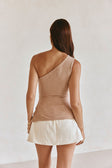 Tan One Shoulder Button Ribbed Ria Top