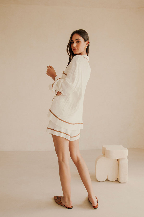 White Long Sleeve V Neck Collar Pocket Adair top