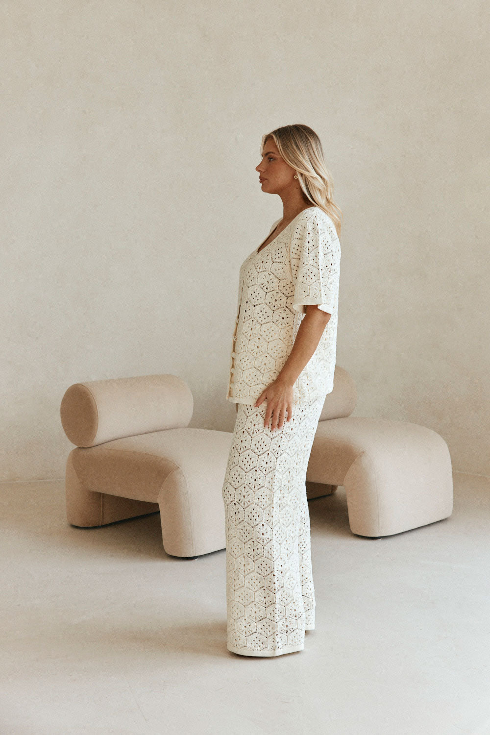 Cream Crochet Knit Button Up Umiko Top