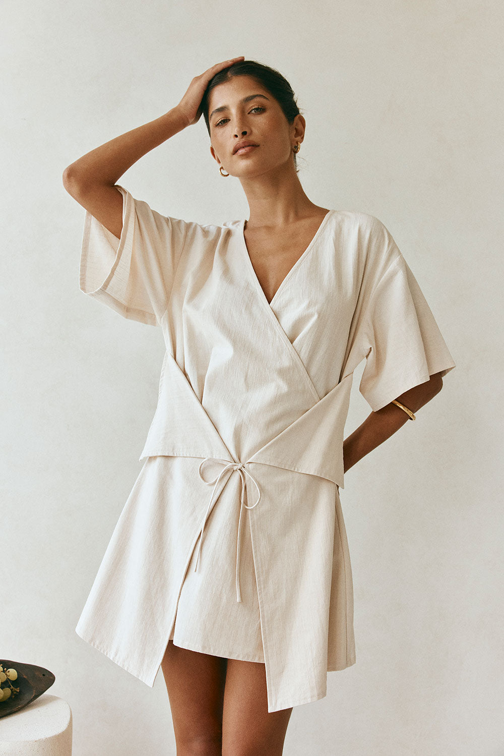 Beige Short Sleeve Wrap Mini Harper Dress