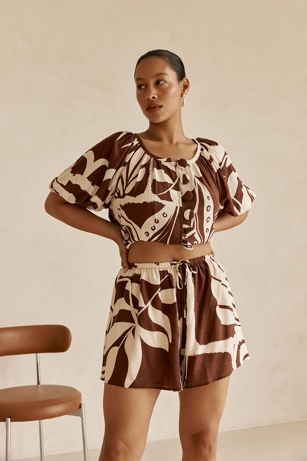 Cream and Brown Painted Tiles Print Scarlet Shorts