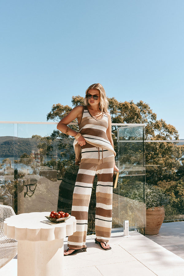 Tan Brown and Cream Stripe V Neck Lana Top