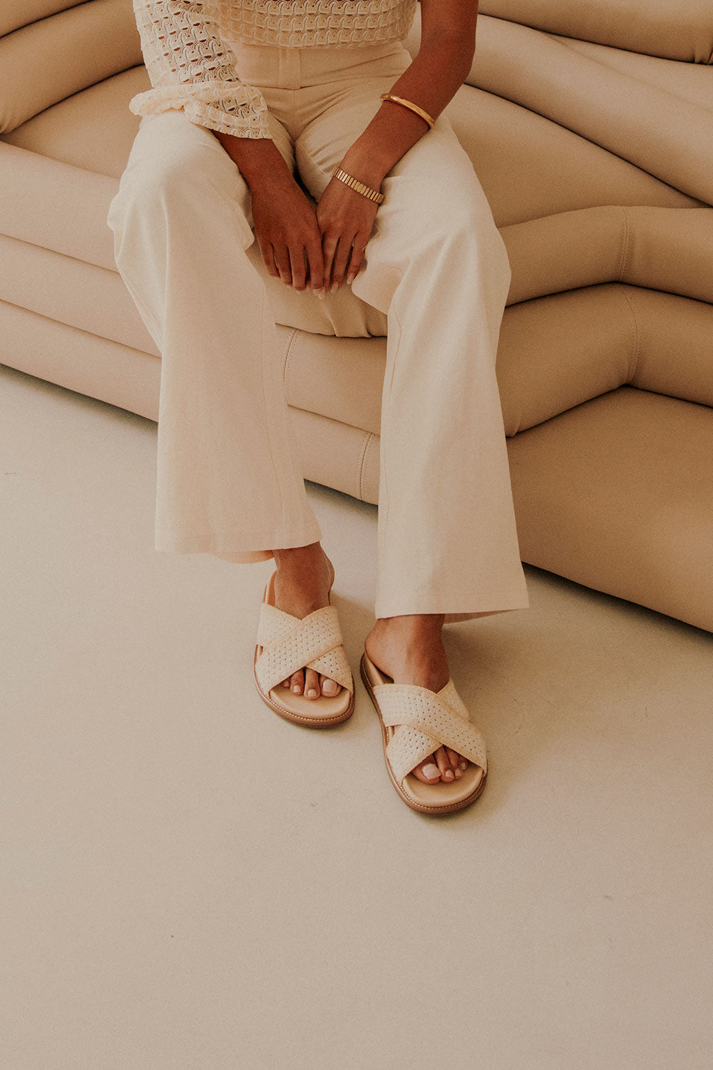 Cream Woven Vegan Leather Deka Sandals