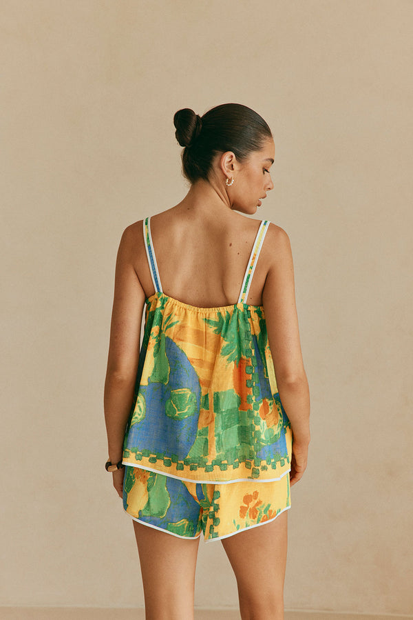 Jetta Front Tie Shorts -Green, Blue & Orange Morning Yellow Print