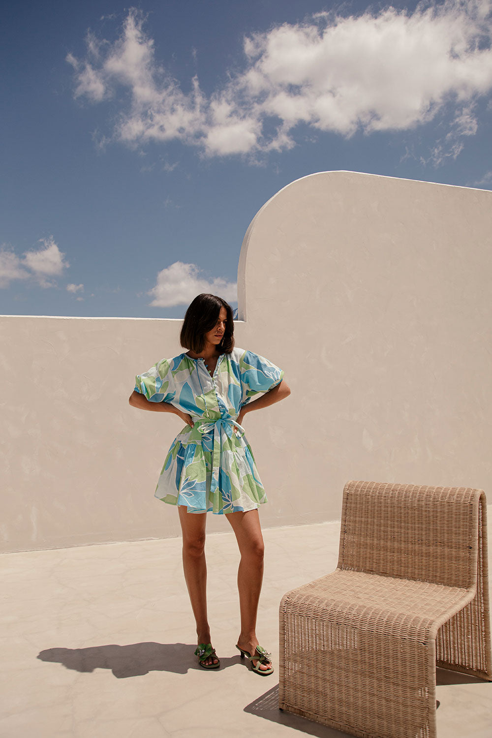 Tenaya Puff Sleeve Button Up Mini Dress - Magnolia Print, Blue, Green, White